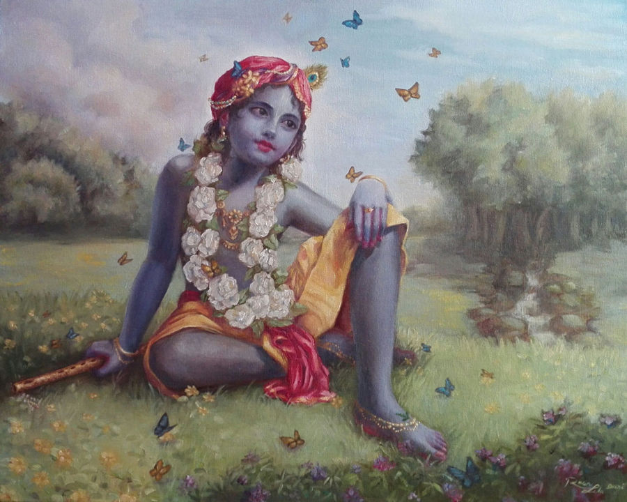Devotional artwork featuring Krishna